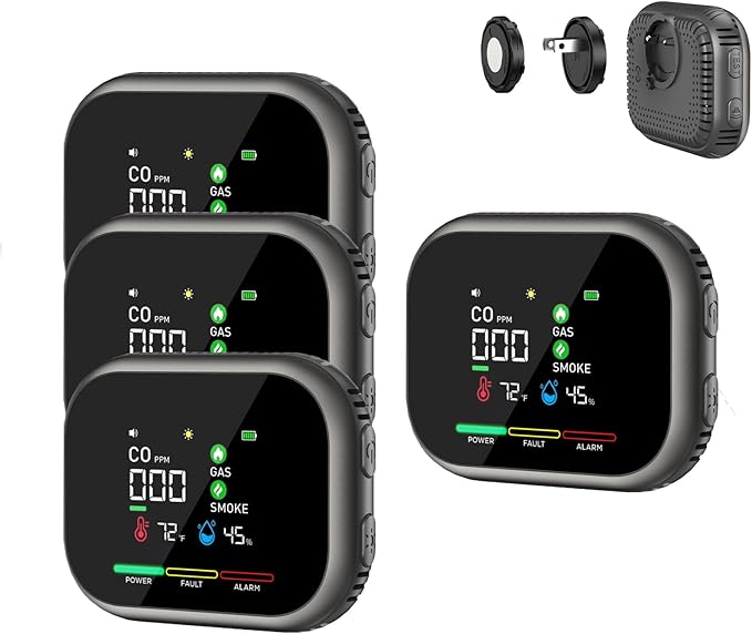 6 in 1 Portable Steadfast Haven Air Quality Detector-with High Accuracy Dual Sensors, HD Screen, Display Temperature Humidity, Magnetic Mount (Gray, 4 Pack)