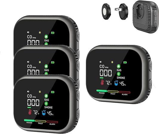 6 in 1 Portable Steadfast Haven Air Quality Detector-with High Accuracy Dual Sensors, HD Screen, Display Temperature Humidity, Magnetic Mount (Gray, 4 Pack)