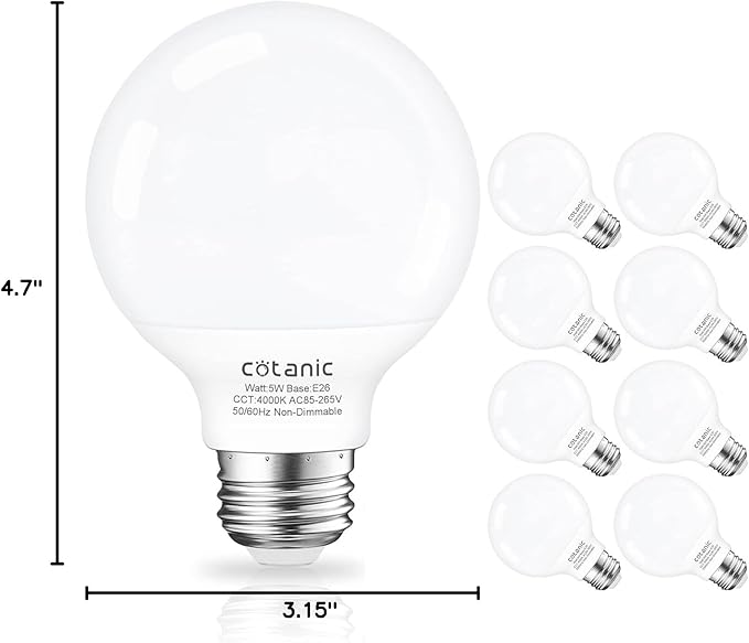 Cotanic Globe Light Bulbs,E26 Standard Base,5W,60 Watt Incandescent Equivalent,500LM,Non-Dimmable,8 Pack, G25 LED Vanity Light Bulb for Bathroom 4000K Daylight