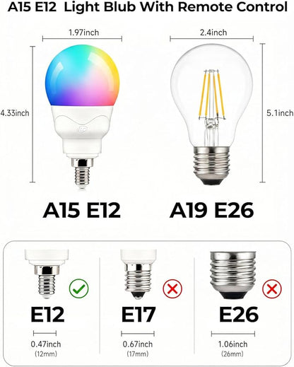 ILC E12 LED Light Bulbs (40w Equivalent) 5W, Color Changing RGB, A15 Small Base Candelabra Round Light Bulb, Candle Base, 2700K Warm White 12 Colors 2 Modes Timing with Remote Control (4 Pack)
