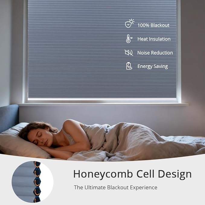 Motorized Cellular Shades with Remote Blackout Honeycomb Smart Blinds Options for Indoor Windows, Remote/Alexa/Matter Compatible, Easy DIY Installation (Light Blue Gray)
