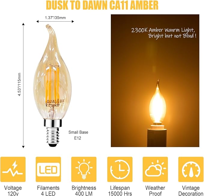 Qualilux Dusk to Dawn Candelabra LED Bulbs CA11, Vintage Full Amber Glass, Non-Plastic, Warm Amber 2300K, 4W=40W, 400LM Auto On/Off Light Sensing Bulb, Non-dimmable, E12 Base, 6-Pack, HQ-H049