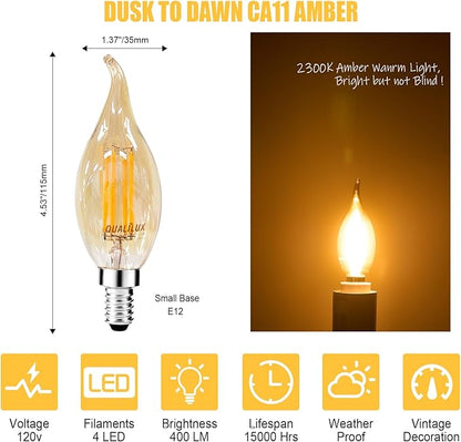 Qualilux Dusk to Dawn Candelabra LED Bulbs CA11, Vintage Full Amber Glass, Non-Plastic, Warm Amber 2300K, 4W=40W, 400LM Auto On/Off Light Sensing Bulb, Non-dimmable, E12 Base, 6-Pack, HQ-H049