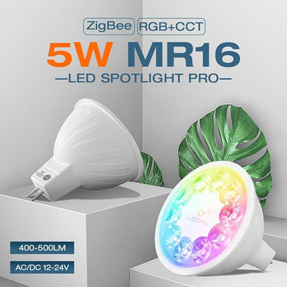Pro Zigbee LED Bulb MR16 Bulbs GU5.3 Smart Bulb 12V 5W RGB CCT Dimmable Spotlight Support App Control (Bean Angle 30°)