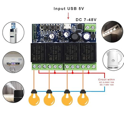 Ewelink WiFi Wireless Smart Relay Module USB 5v 4 Channel Inching Self-Lock Latched Dry Contact Remote Toggle Switch for Access Control, Garage Door,Home Automation, Compatible with Alexa Google Home