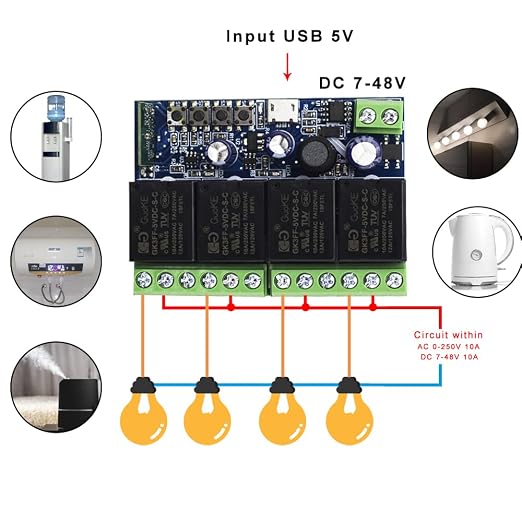 Ewelink WiFi Wireless Smart Relay Module DC 7V 12V 24V 36V 48V 4 Channel Inching Self-Lock Latched Dry Contact Remote Switch for Motor, Compatible with Alexa Google Home(2PCS 4CH)