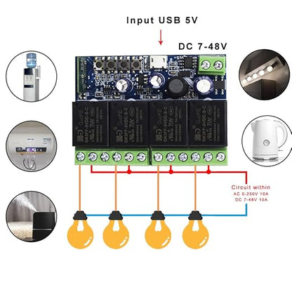 Ewelink WiFi Wireless Smart Relay Module DC 7V 12V 24V 36V 48V 4 Channel Inching Self-Lock Latched Dry Contact Remote Switch for Motor, Compatible with Alexa Google Home(2PCS 4CH)