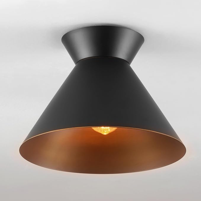 Novogratz x Globe 1-Light Matte Black Flush Mount Ceiling Light with Bronze Trim Accent