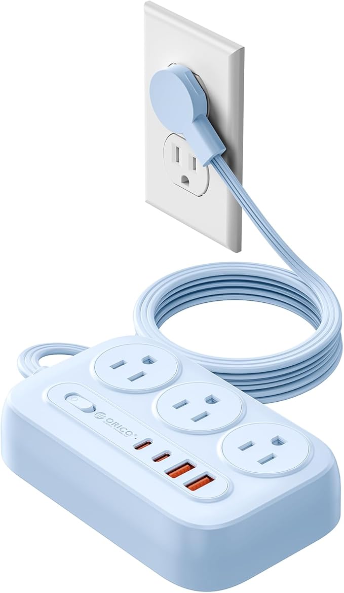 ORICO Surge Protector Power Strip, PD20W Multiple Outlets Extension Cord with 6 AC Outlets and 4 USB Charging Ports (2 USB-C), 45° Flat Plug, 5 Ft Mountable Outlet Extender for Home/Office/Dorm - OG