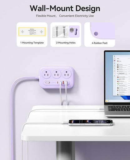 ORICO Surge Protector Power Strip, PD20W Multiple Outlets Extension Cord with 6 AC Outlets and 4 USB Charging Ports (2 USB-C), 45° Flat Plug, 10 Ft Mountable Outlet Extender for Home/Office/Dorm - OG