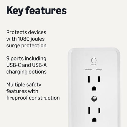 Amazon Basics Wall Mount Surge Protector Power Strip with 9-in-1 Hub, 1080 Joules, 6 AC Outlets, 1 USB-A and 2 USB-C (20W Fast Charging), White