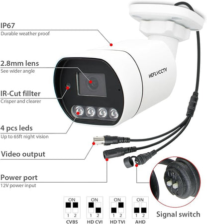 1080P Bullet Security Camera 2MP 4 in 1 TVI/CVI/AHD/CVBS Analog CCTV Wired Surveillance Cameras 2.8mm Lens IP67 Waterproof IR Night Vision Hybrid Bullet BNC Camera for Outdoor Indoor