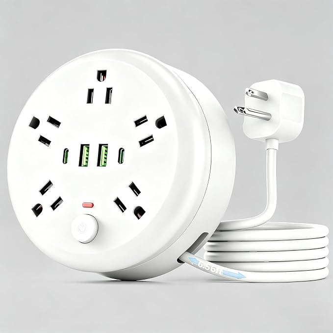 Power Strip Surge Protector-6.56 ft Retractable Travel Extension Cord Portable Powerstrip with 5 Outlet 2 Smart USB Port 2 USB C for Home Office Travel White