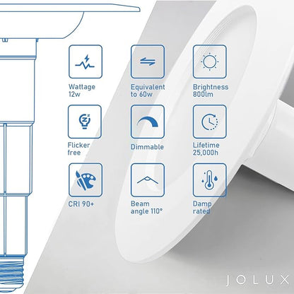 Jolux 6-Pack 5/6" LED Can Lights Retrofit Recessed Lighting,12W=60W,4000K Cool White,800 Lumens,Dimmable Can Lights,Damp Rated,Simple Installation Adjustable Retrofit Downlight,ETL,Bevel Trim