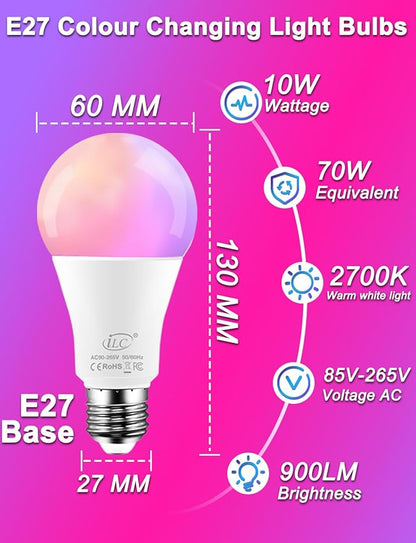 ILC Color Changing LED Light Bulbs, 70W Equivalent, 2700K Warm White A19 E26 Screw Edison Base RGBW Dimmable - 12 Color Choices - Timing Infrared Remote Control Included (2 Pack)