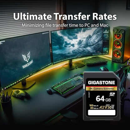 【5-Years Data Recovery】 GIGASTONE 64GB SD Card, 4K Camera Extreme, A2 V30 U3 SDXC Memory Card High Speed UHD Video Compatible with Canon Digital Camera, with 1 Mini case
