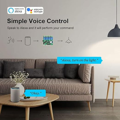 Smart WiFi Wireless Relay Switch Module, Tuya 4CH AC/DC 7-32V/ USB 5V Smart Life Remote Control Dry Contact Momentry Switch Compatible with Alexa and Google Home