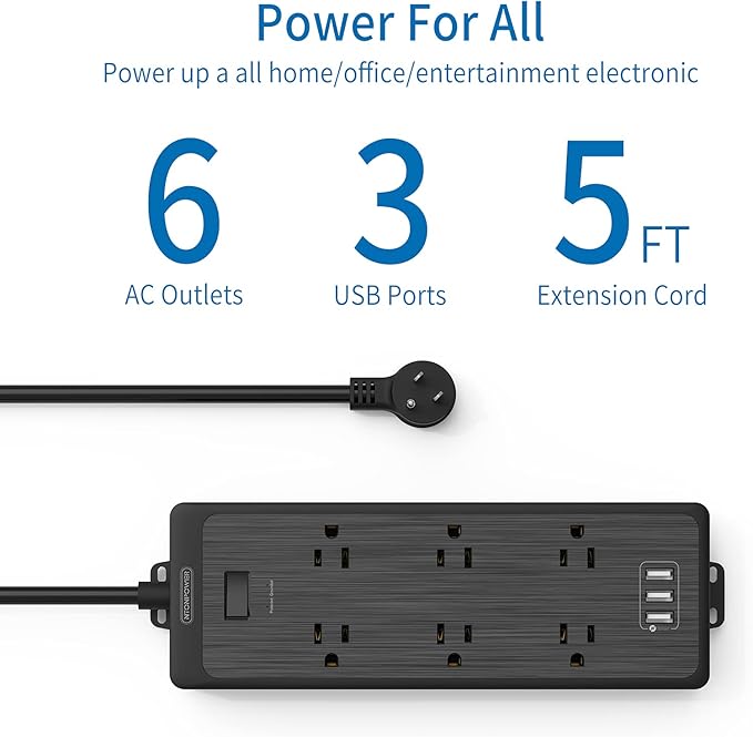 NTONPOWER Flat Plug Power Strip with 3 USB Ports, 6 Extra Widely Spaced Outlets, 1700 Joules Surge Protector, 15A Circuit Breaker, 5 FT Extension Cord, Black