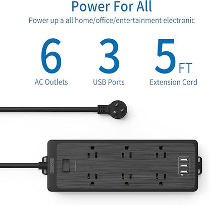 NTONPOWER Flat Plug Power Strip with 3 USB Ports, 6 Extra Widely Spaced Outlets, 1700 Joules Surge Protector, 15A Circuit Breaker, 5 FT Extension Cord, Black