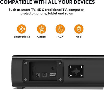 2.1 Sound Bars for TV, Built-in Subwoofer, 6 Levels Voice Enhancement, 16 Inches TV Soundbar Speakers with Bluetooth 5.3/Optical/AUX/USB Connection, Wall Mount, 3 EQ Modes, S100