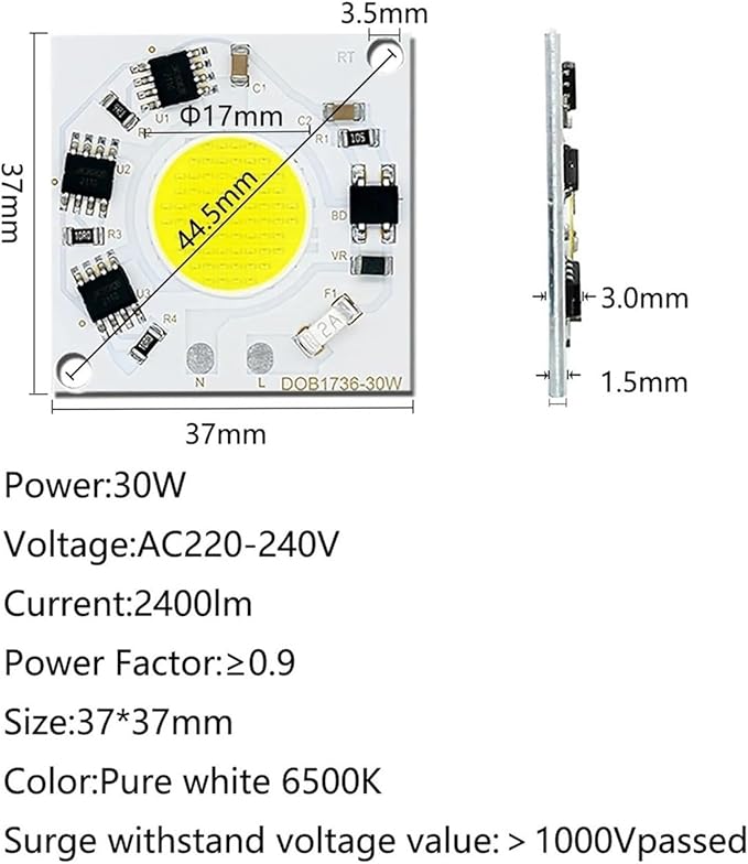 2pcs LED COB Chip 30W 2400lm Lumens Pure White Warm White Light 3000k 6500k 220V Smart IC No Need to Drive Commercial Lighting L(Pure White 6500K)