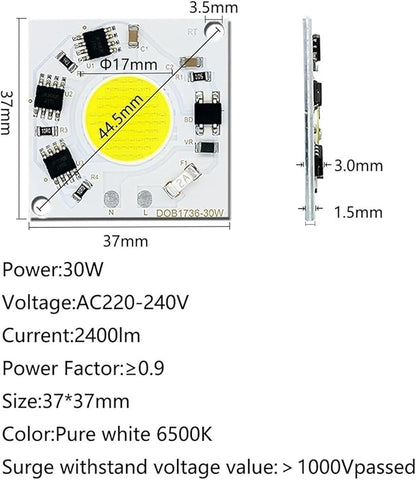 2pcs LED COB Chip 30W 2400lm Lumens Pure White Warm White Light 3000k 6500k 220V Smart IC No Need to Drive Commercial Lighting L(Pure White 6500K)