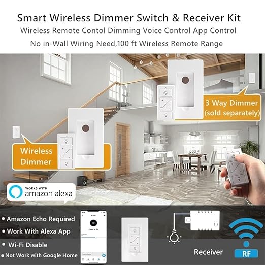 Nexete Smart Wireless Light Switch, Dimmer Switch & Receiver Kit No Wiring Wireless Remote Control,Remote & Voice Control,Bluetooth Work with Amazon Alexa Only ETL certified (2 Switches & 2 Receivers)