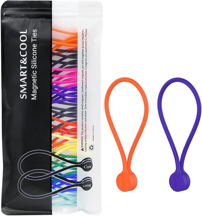SMART&COOL Reusable Silicone Magnetic Cable Ties, Multicolored, 30-Pack | For Bundling and Organizing, Holding Stuff, Book Markers, Fridge Magnets
