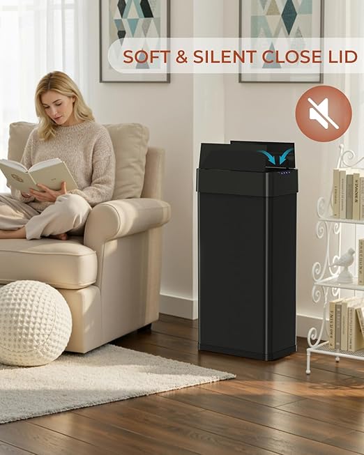 TLSUNNY 21.1 Gallon Automatic Trash Can, Stainless Steel Motion Sensor Garbage bin, Smart Trash Can W/Butterfly Lid, Bag Retainer Ring and Display Light for Living Room,Kitchen,Office (Black, 80L)