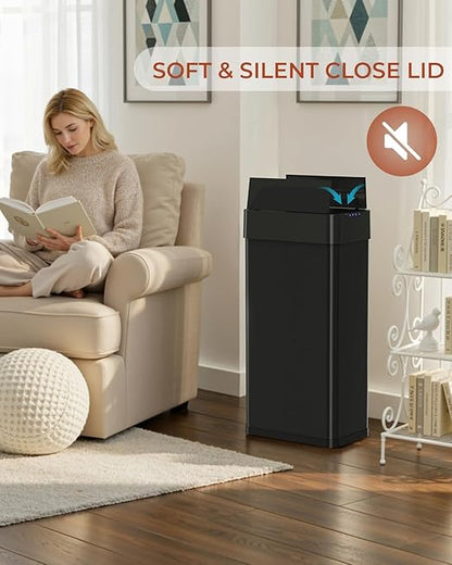 TLSUNNY 21.1 Gallon Automatic Trash Can, Stainless Steel Motion Sensor Garbage bin, Smart Trash Can W/Butterfly Lid, Bag Retainer Ring and Display Light for Living Room,Kitchen,Office (Black, 80L)