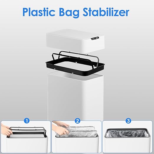 TLSUNNY 13.2 Gallon Automatic Trash Can, Stainless Steel Motion Sensor Garbage bin, Smart Trash Can W/Butterfly Lid, Bag Retainer Ring and Display Light for Living Room,Kitchen,Office (White, 50L)