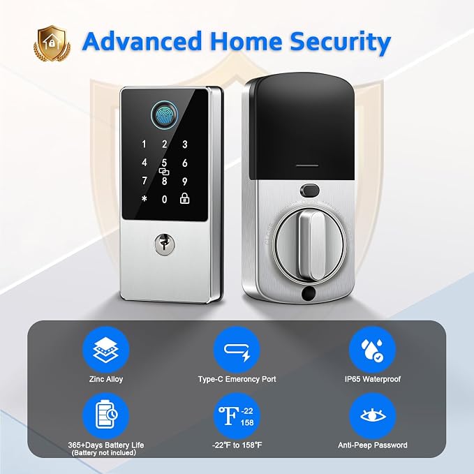 Smart Door Lock Deadbolt, Keyless Entry Door Lock with Fingerprint & Keypad,App Control,Auto Lock,Electronic Digital Lock for Front Door Home Apartment Rental,Easy Installation,Satin Nickel Silver