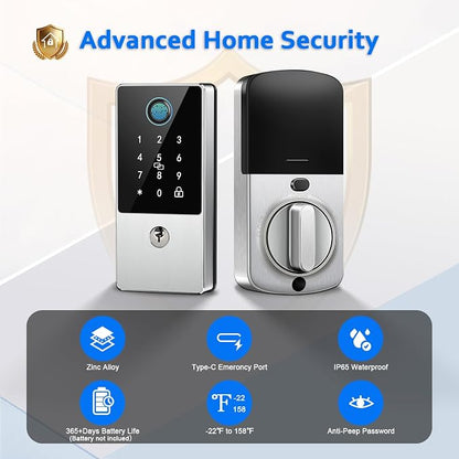 Smart Door Lock Deadbolt, Keyless Entry Door Lock with Fingerprint & Keypad,App Control,Auto Lock,Electronic Digital Lock for Front Door Home Apartment Rental,Easy Installation,Satin Nickel Silver