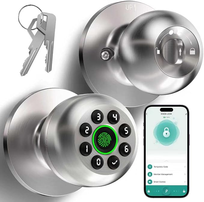Door Knob with Lock,Keyless Entry Fingerprint Door Lock,Polished Silver | Smart Lock with Auto-Lock , App, Key, Fingerprint Door Locks with Keypad for Front Door, Apartment, Hotel, Interior, Exterior