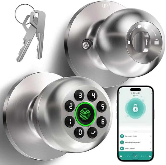 Door Knob with Lock,Keyless Entry Fingerprint Door Lock,Polished Silver | Smart Lock with Auto-Lock , App, Key, Fingerprint Door Locks with Keypad for Front Door, Apartment, Hotel, Interior, Exterior