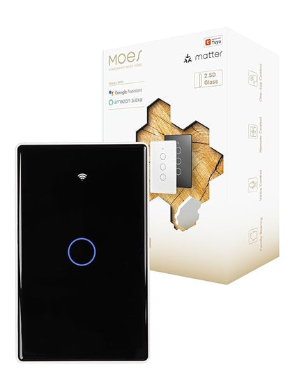 MOES Matter Smart Light Switch, 2.5D Glass Touch Wall Switch, Single Pole, Neutral Wire Required,2.4GHz Wi-Fi, Timer & Schedule, Remote & Voice Control with Alexa & Google Home, Black 1 Gang