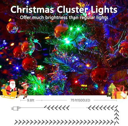 BHCLIGHT 75FT 1500LED Cluster Christmas Lights with Remote, Multicolor