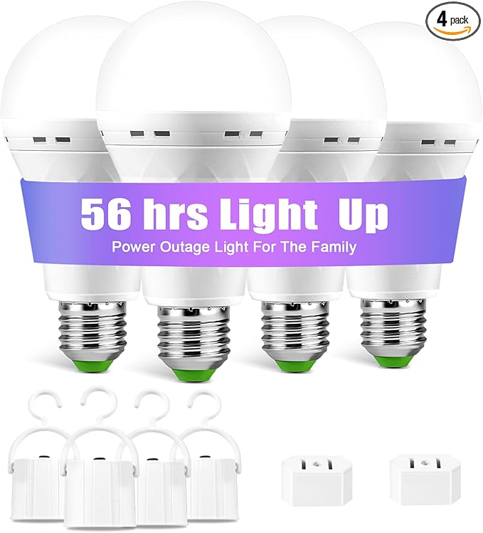 Emergency-Rechargeable-Light-Bulb, Stay Lights Up When Power Failure, 1500mAh 12W 60W Equivalent LED Light Bulbs for Home, Camping, Hiking (E27, with Hook,with Plug Cap) 4 Pack