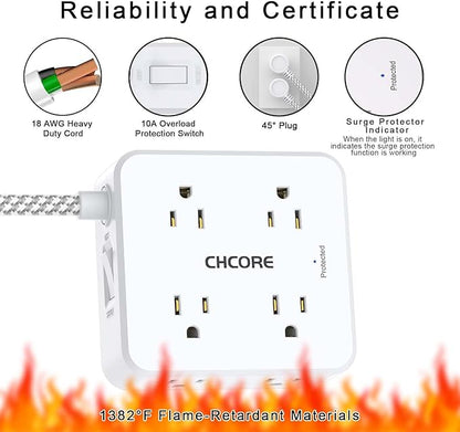 5Ft Flat Plug Braided Extension Cord - CHCORE Surge Protector Power Strip with 8 Outlets and 2 USB-C (PD 30W) Fast Charging Ports and 2 USB-A Ports for Home, Office, Dorm Room Essentials, ETL, White