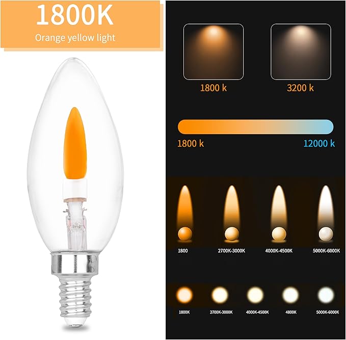 HEWA-Tech E12 Base (Miniature Screw) C35 Flame Tip Flicker Bulbs - Crystal Clear Candle Light with Orange Glow Effect for Halloween， E12 Non-Dimmable Chandelier Replacement Bulbs, 6-Pack