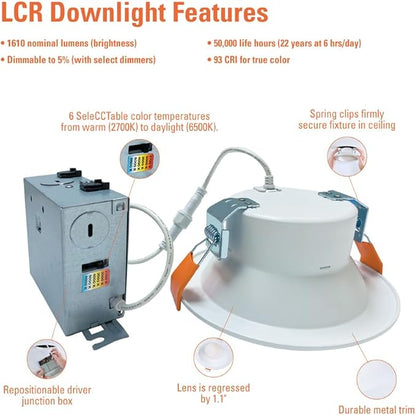 HALO LCR 6 in Canless LED Downlight, 23W, Regressed Outdoor Lighting with 6 Selectable CCT 2700K-6500K, Dimmable, 2000 Lumens, IC Rated, Wet Location, Matte White Finish - LCR615RD9FSE020