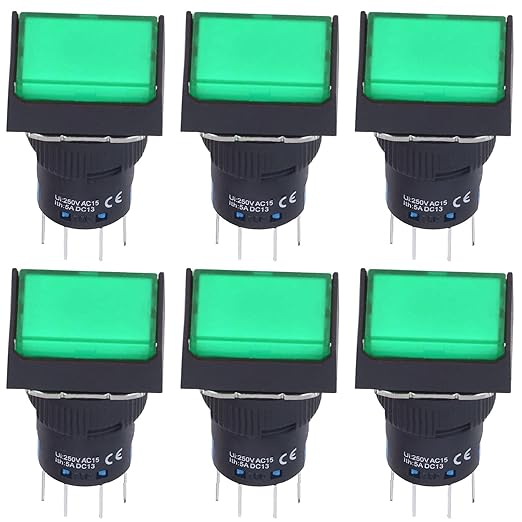 25Pcs Micro Squares Push Button Switch 16mm 12V Self Locking with Light ABS Brass for Automation Equipment DIY Electrical Installation (Green)