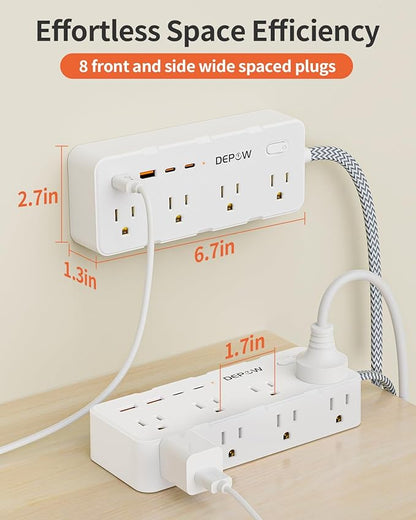 DEPOW Power Strip Surge Protector, 5FT Braided Extension Cord with Multiple Outlets-8 AC Outlets 4 USB Ports (2 USB C), Flag Plug Charging Station, 1700 Joule Surge Protection for Home Office, White