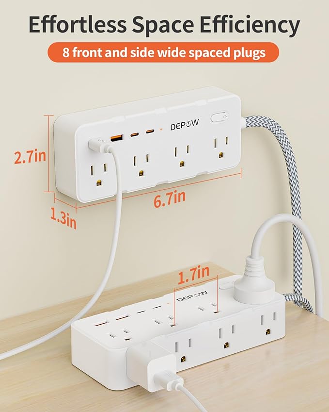 DEPOW Power Strips with Surge Protection, 10 FT Braided Extension Cord with Multiple Outlets-8 AC Outlets 4 USB Ports (2 USB C), 1700 Joule Surge Protector with Flag Plug for Home Office, White
