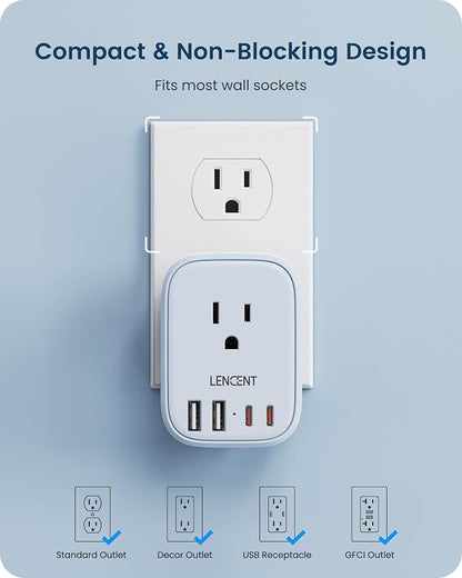LENCENT Multi Plug Outlet Extender with USB C, Electrical Outlet Expander | with 4 AC & 4 USB Charger Cube, Small Multiple Wall Tap Plug Splitter for Home Office Travel Dorm Essentials - Blue