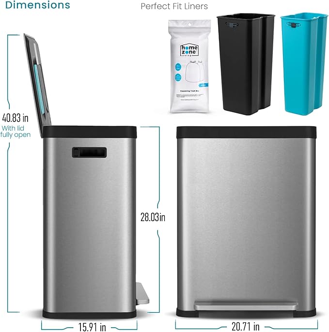 Home Zone Living 19 Gallon Kitchen Trash Can with Dual Compartments for Recycling, CleanAura Odor Control, Stainless Steel, Silver, 70 Liters Total