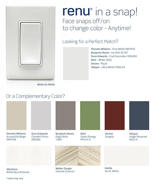 Leviton Renu Switch for Single Pole Applications, 15A-120/277VAC, RE151-WW, White on White