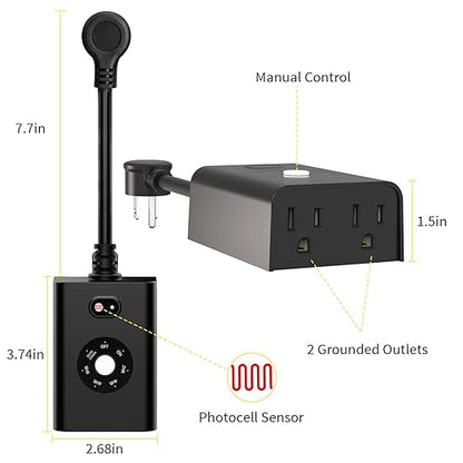 Minoston Outdoor Timer Outlet Waterproof with Remote, 2 Outlets Dusk to Dawn Plug, Light Sensor Countdown Timer 2 4 6 8 Hours 100Ft Remote Control Home Garden(MP42T)