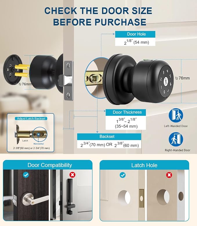 Smart Door Knob with Lock,Keyless Entry Fingerprint Door Lock,Morden Black | Smart Lock with Auto-Lock , App, Key, Fingerprint Door Locks with Keypad for Front Door, Apartment, Hotel, Interior, Exterior