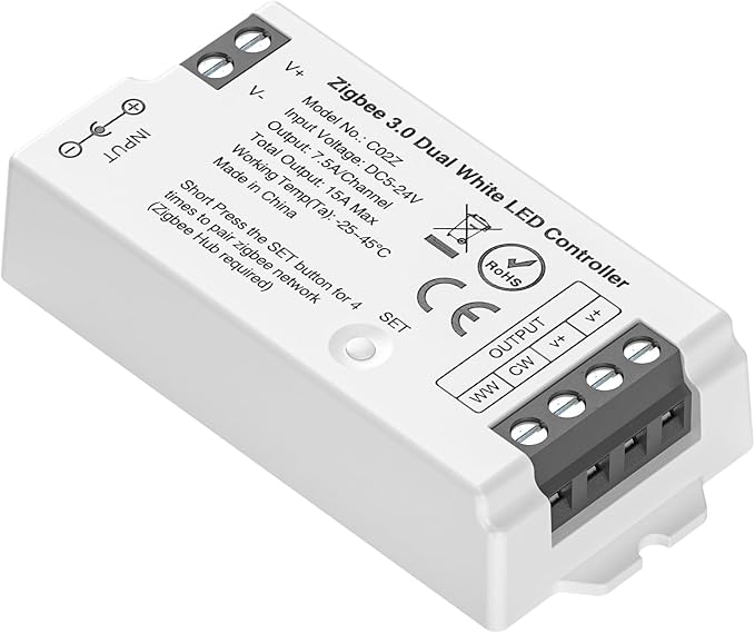 BTF-LIGHTING Tuya Zigbee 3.0 C02Z LED Controller Support CCT 3 pin (+V CW WW) PWM FCOB COB SMD Light Strip Compatible with Echo Plus/4th Gen Philip Gateway DC5V/DC12V/DC24V Max 15A